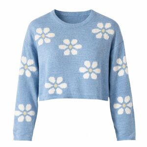 Moon & Madison Blue Sweater with White and Yellow Floral Design